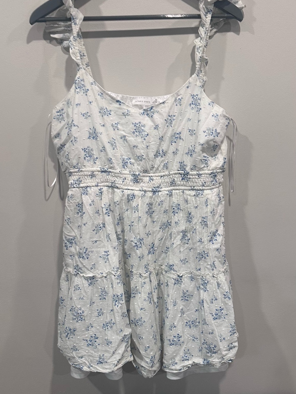Altar'd State White Floral Midi Dress with Blue Print
